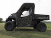 Driver side view of the camo 3 Star soft door with clear window on the camo Polaris Ranger XP900