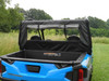 Rear view from the bed of the 3 Star full cab enclosure rear window panel on a blue Polaris side-by-side