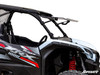 SuperATV flip windshield in the open position on a white Kawasaki Teryx KRX 1000, driver side close view