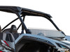 SuperATV half windshield installed on a gray Kawasaki Teryx KRX 1000, side view showing the clamps on the cage