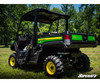 Rear three-quarter view of a John Deere Gator XUV 835 lifted with the SuperATV 2 inch kit and mud tires