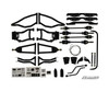 SuperATV Polaris RZR 800 5-inch lift kit components laid out: A-arms, axles, brackets, brake lines and hardware on white