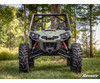 Straight-on front view of the lifted green Can-Am Commander showing SuperATV A-arms and tall ground clearance