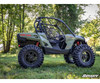 Side profile of a green Can-Am Commander with the SuperATV 6-inch lift kit and oversized mud tires on grass