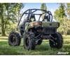 Rear three-quarter view of a green Can-Am Commander lifted 6 inches with the SuperATV kit and mud tires in a field