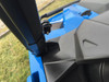 Close-up of the Extreme Metal Products windshield clamp on the Polaris General 1000 A-pillar cage tube above the fender