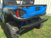 Extreme Metal Products black tube rear bumper installed under the tailgate of a blue Polaris General 1000, rear angle