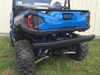 Straight rear view of the blue Polaris General 1000 with the Extreme Metal Products rear bumper installed