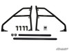 SuperATV rear roll cage support kit laid out: two black tube uprights, two cross bars, clamps and hardware