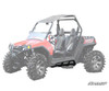 SuperATV rock sliding nerf bars shown in black on a grayed-out red Polaris RZR, side view rendering
