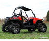 Rear three-quarter view of a red Polaris RZR with the SuperATV rock sliding nerf bars installed, on grass