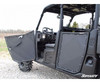 Close-up of the SuperATV front door open and rear door closed on a Polaris Ranger XP1000, steering wheel visible