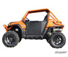 SuperATV aluminum doors installed on an orange Polaris RZR, side profile view on white