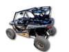 Hi-Standard rear cargo rack on a Polaris RZR with black tube basket above the bed, rear three-quarter view