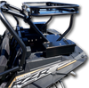 Close-up of the Hi-Standard Polaris RZR rear cargo rack uprights bolted to a black base box on the bed