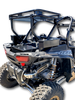 Rear corner view of the Hi-Standard rear cargo rack on a Polaris RZR, frame rising above the bed boxes
