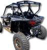 Rear three-quarter view of the Hi-Standard Polaris RZR cargo rack showing the basket rail and legs