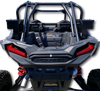 Straight rear view of the Polaris RZR 1000 Turbo showing Hi-Standard cargo boxes mounted on both sides behind the cage