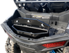Hi-Standard black steel rear cargo storage box with lid open in the bed of a Polaris RZR 900/1000S, rear view