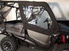 Side X Side soft doors and rear window on a Honda Pioneer 1000, black door with clear window, side view in a showroom