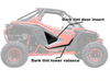 Spike Powersports dark tint door inserts and lower valance on a red Polaris RZR Pro XP, side view with labels