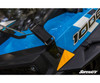 Close-up of the SuperATV flip-down windshield hood strap buckled to a blue Polaris RZR XP 1000 fender