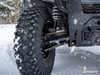 Side close-up of the Polaris Ranger 1000 front wheel and SuperATV forward offset A-arm in the snow