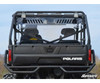 Straight rear view of the black Polaris Ranger 800 with the SuperATV vented rear windshield above the tailgate