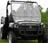 3 Star two-piece windshield with vent slots installed on a green John Deere Gator XUV with brush guard, front view