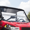 Seizmik Versa-Fold windshield fully closed on a red Polaris side-by-side, close front view with the fold seam visible