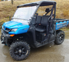 Front three-quarter view of a blue CF Moto UForce 1000 with the 3 Star two-piece windshield installed