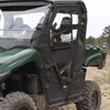 Black framed soft doors with clear windows installed on a green Yamaha Viking