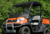 Front three-quarter view of an orange Kubota utility vehicle fitted with the 3 Star vinyl windshield and soft top