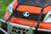Close-up of the 3 Star vinyl windshield straps hooked to the front bumper of a Kubota RTV1140