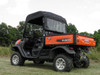 Rear three-quarter view of an orange Kubota RTV-X1120 with the 3 Star soft top and vinyl rear window fitted