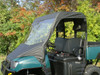 Side close view of a green Polaris Ranger with the 3 Star black vinyl top and clear vinyl windshield, bench seat