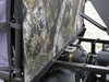 Close-up of the 3 Star camo vinyl rear window strapped to the roll cage of a Polaris Ranger Crew, hardware visible