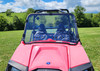 3 Star clear one-piece windshield on a red Polaris RZR, front close-up view outdoors