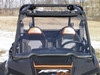 3 Star clear one-piece scratch-resistant windshield on a black and orange Polaris RZR, front close-up outdoors