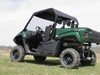 Driver side view of a green Yamaha Viking with the 3 Star vinyl top installed, cab open with the seats visible