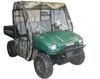 Greene Mountain camo full cab enclosure with clear windows on a green full-size Polaris Ranger, front 3/4 view on white