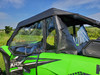Close-up of the 3 Star soft top and door window from the rear corner of a Kawasaki KRX, roof seams visible