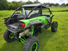 Rear view of a Kawasaki KRX showing the 3 Star soft top over the cargo bed and clear rear window
