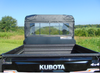 3 Star soft back panel with clear window and mesh vent behind the cab of a Kubota RTV XG850, viewed from the cargo bed