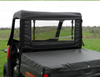 Close rear view of the 3 Star clear vinyl rear window with black border above the bed of a Polaris Ranger 570