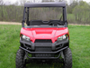 Front view of a red Polaris Ranger 570 MidSize in a field with the 3 Star soft top over the open cab