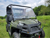 Front three-quarter view of a green Polaris Ranger 570 FullSize with the 3 Star 2-piece windshield installed