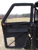 Seizmik framed door swung open on the Polaris Ranger showing the black fabric panel, clear upper window and lower mesh window