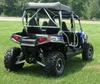 Rear three-quarter view of a blue four-seat Polaris RZR with silver cage and the 3 Star black soft top
