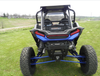 Rear view of a blue Polaris RZR XP Turbo S with the 3 Star clear Lexan back panel in the cage behind the seats